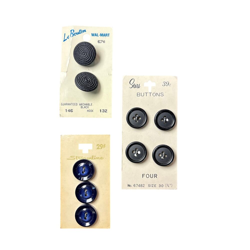 Vintage Buttons Lot of 3- Assorted- Black Deep Blue- Sears Streamline retro